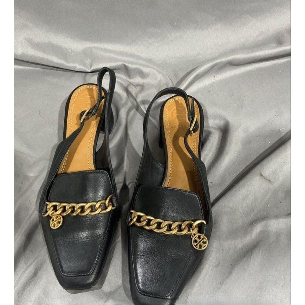 Tory Burch Mini Benton Charm Black Leather Slingback Loafer Block Heel Pumps 6.5